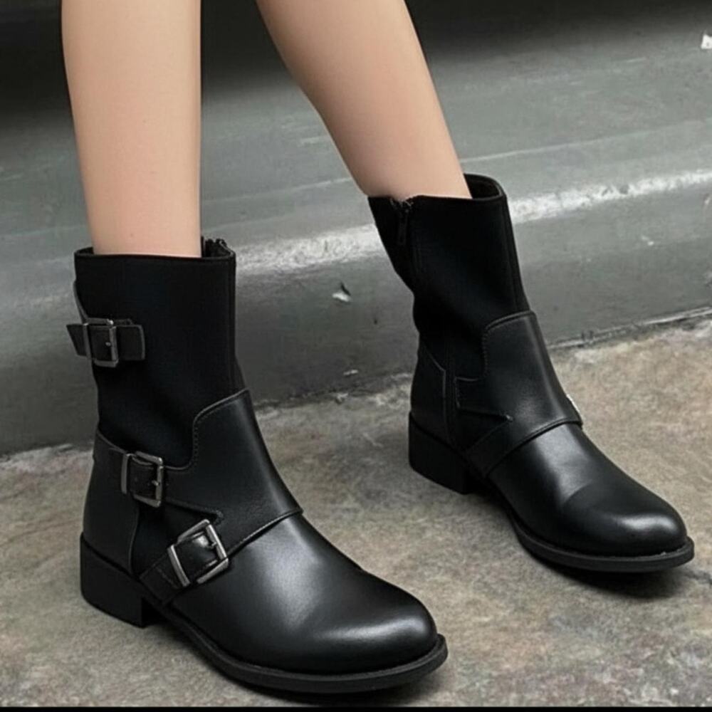 El Dantes Style Moto Buckle Boots Black Leather High Heel Grunge Gothic
